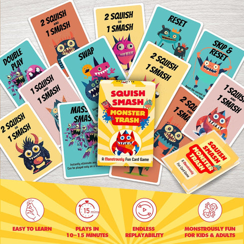 7+, 25 15 HIBULL Squish Smash Monster Trash - A Card Game of Fast Chain-Reactions | Fun Family Game for Kids & Adults |