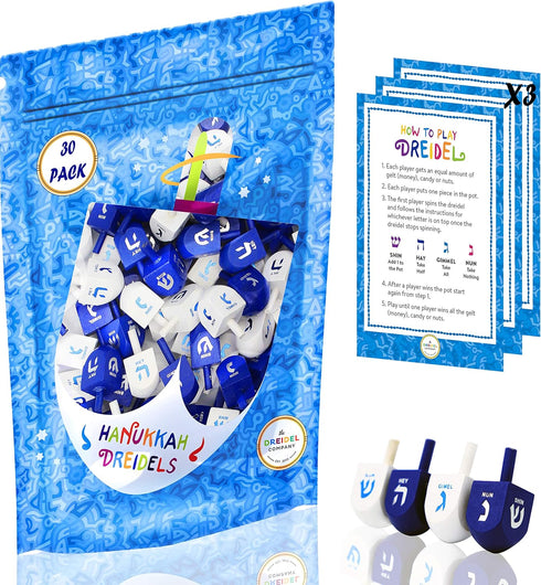The Dreidel Company 25 Solid Blue & White Wooden Hand Painted Hanukkah Dreidels - Includes 3 Game Instruction Cards