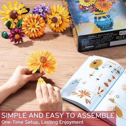 Set, 1065 Sunflower Bouquet Building Blocks w/ Vase PCS Botanical Collection, Birthday Gifts for Mom Women Grandma