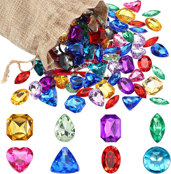 Hicarer 100 Pieces Toy Gems, Pirate Treasure Jewels, Fake Acrylic Gems with Drawstring Bag for Party Decorations
