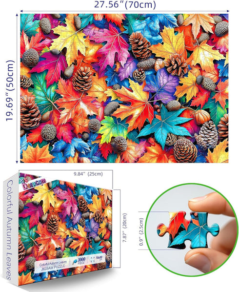 1000 Colorful Fall Leaves and Pine Cones Jigsaw Puzzle, Pieces, Nature Theme, Family Entertainment