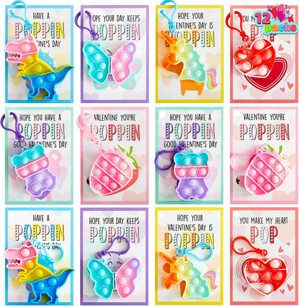 JOYIN 12 Packs Valentine's Day Cards with Pop Fidget Keychain Toys, Stress