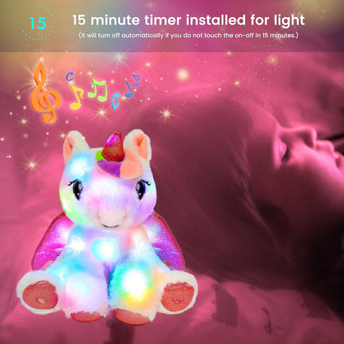 11'' Hopearl LED Musical Stuffed Unicorn Adorable Lighting Up Singing Plush Toy Adjustable Volume Lullaby Animated