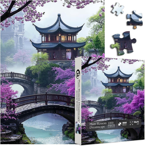 PICKFORU 1000 Plum Blossom Dreamscape Puzzles for Adults Pieces, Vintage Flower Tree Scenery Puzzles, Impossible Unique