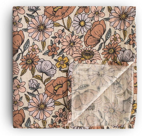 mushie Muslin Baby Swaddle Blanket, 100% Organic Cotton, Retro Flowers