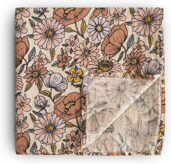 mushie Muslin Baby Swaddle Blanket, 100% Organic Cotton, Retro Flowers