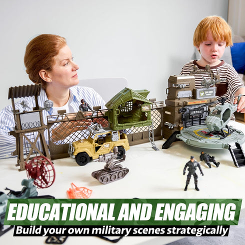 Set SYNCFUN Military Toy with Army Base, Vehicles, Action Figures & Weapon Accessories, Helicopter with Light & Sound