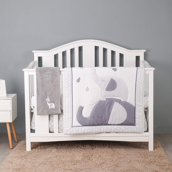CribMATE 3 PCs Grey Elephant Family Nursery Crib Bedding Set Lovely Elephant Baby