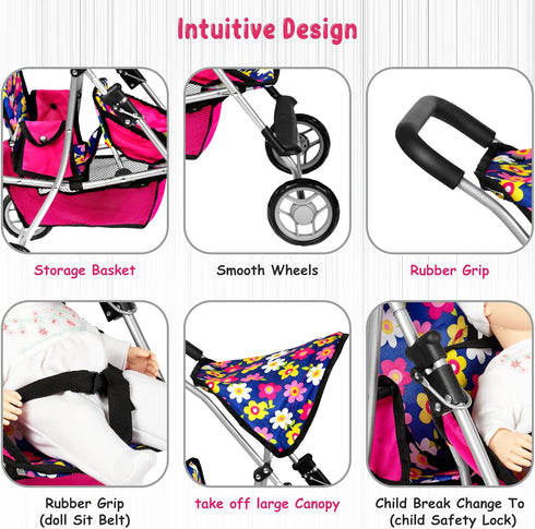 Set fash n kolor Twin Baby Doll Stroller - Pretend Play Baby Stroller for Dolls - Toy Stroller with Storage Basket