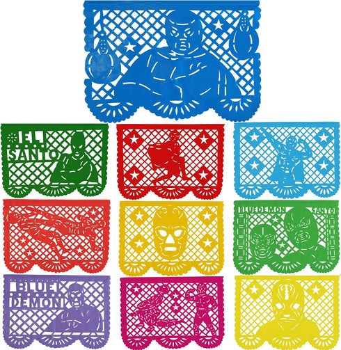 Lucha Libre Mexican Party Decorations, Papel Picado Banner (Plastic, 16-ft) for Birthdays, BBQs, Wrestling Events