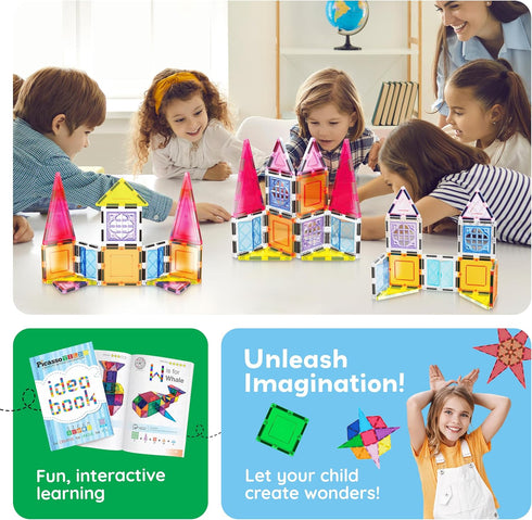 Set 110+ Playset 3+ PT03 PicassoTiles Magnetic Tiles Magnet Toys Building Blocks Construction with Pages IdeaBook STEM