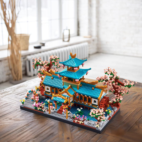 Set, (2350PCS) Micro Building Block Chinese Suzhou Garden Architecture Model Kit with Cherry Blossom Bonsai Tree