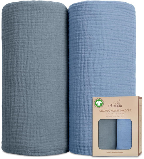 Organic Cotton Baby Muslin Blanket, Large 47x47 inches, Hypoallergenic Swaddle Blanket, Double Layer (Slate/Aquarius)