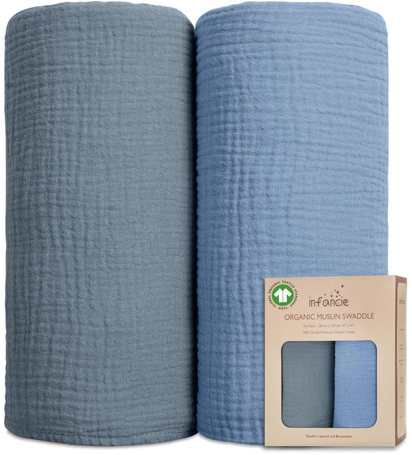 Organic Cotton Baby Muslin Blanket, Large 47x47 inches, Hypoallergenic Swaddle Blanket, Double Layer (Slate/Aquarius)