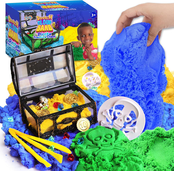 Carolart Pirate Stretchy Cloud Sand,Blue & Green & Yellow Play Sand,Treasure Chest