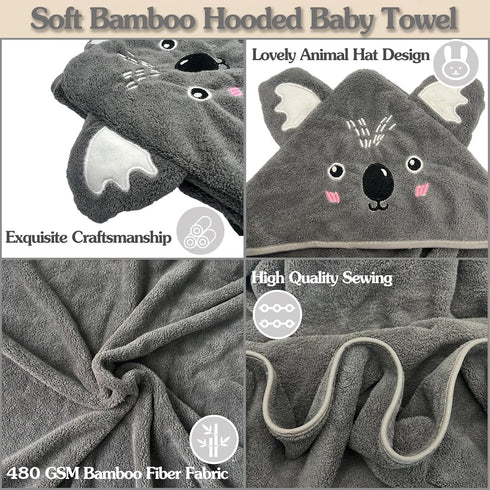 2 Pack Baby Towels with Hood and 5 Baby Washcloths, Ultra Absorbent Cotton Bath Towel Set for Newborn Unisex, 31.5x31.5