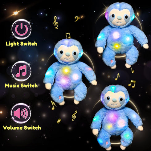 12.5'' Hopearl LED Musical Plush Sloth Light up Stuffed Animal Three Toed Sloth Floppy Night Lights Glow in The Dark