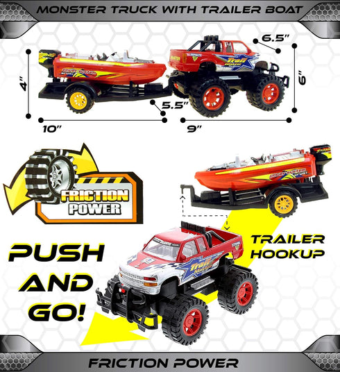 Mozlly Set 9 Inch Monster Truck Toys with Trailer Toy Boat - Friction Powered Hauling Truck and Trailer Toy, Big Toy