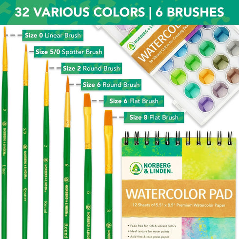 Norberg & Linden Watercolor Paint Set - 36 Premium Paints, 12 Page Pad, 6 Brushes, Palette, Art Supplies