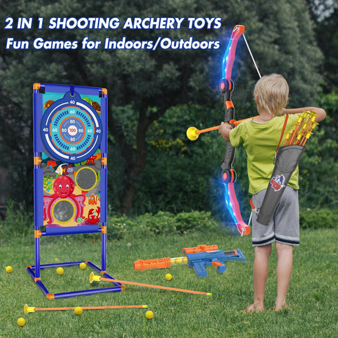 KKONES Kids Bow and Arrow Set, 2 in 1 Shooting Game Toy with LED Light Up Archery Toy Set, Bow & Air Gun, Foam Balls,