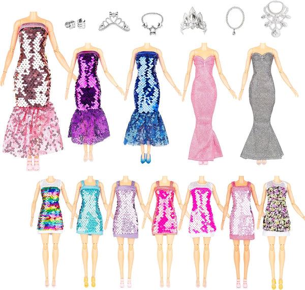 Glitter Sequin Mermaid Doll Clothes & Accessories - 12 Sparkly Glitter Party Dress, Crowns, Necklaces & Shoes