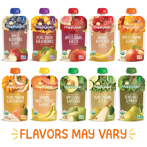 Happy Baby Organics Stage 2 Baby Food Pouches, Gluten Free, Vegan, Clearly Crafted Fruit & Veggie Puree, 4 Ounces, Pack