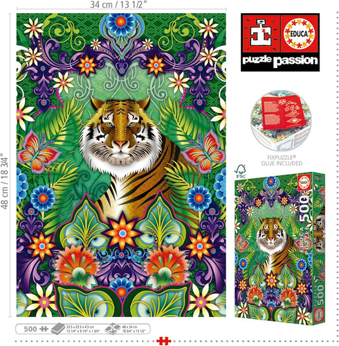 Educa - Catalina Estrada Bengal Tiger 500 Piece Jigsaw Puzzle, Glue Included, Completed Image 18.9" x 13.4"