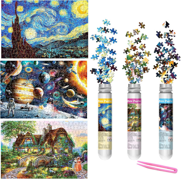 234-Piece Mini Puzzles for Adults & Kids, 3 Pack Small Puzzles, 6" x 4" Starry Night, Astronaut, Dusk Village, Theo