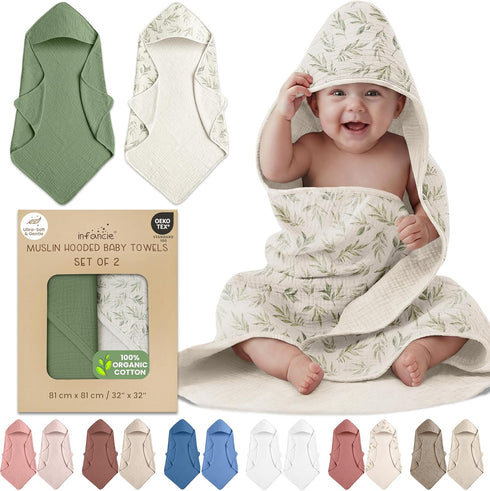 100% Organic Cotton Muslin Baby Hooded Towels 32x32 Inch 2 Pack Soft