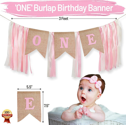 1st Birthday Girl Decorations WITH Crown - 1 Year Old Baby First Birthday Decorations - Princess Theme Cake Smash Party