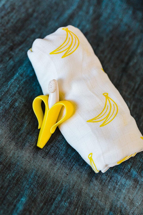 Set Blanket Gift - Baby Banana Infant Training Toothbrush Yellow and Soft, Banana Swaddle Blanket