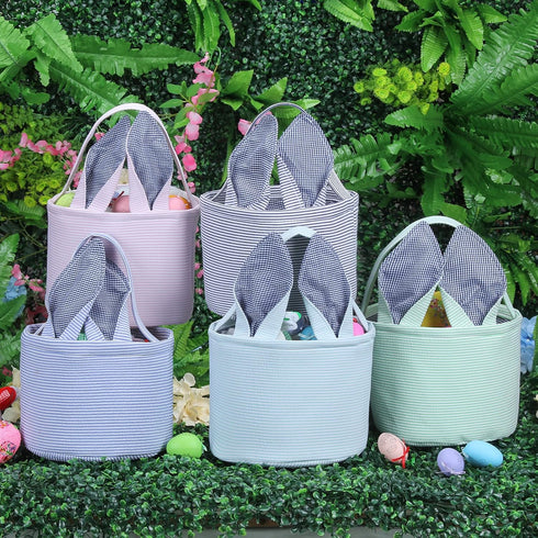 Easter Bunny Basket Seersucker Egg Bags for Kids, Personalized Candy Rabbit Print Buckets with Fluffy Tail