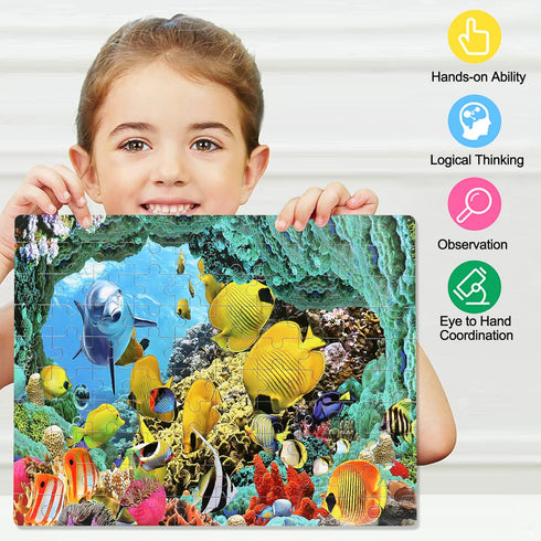 LELEMON 100 Pieces Underwater World Jigsaw Puzzles for Kids Ages 4-8, Dolphins and Fishes Educational Toys