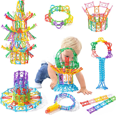 RAINBOW TOYFROG Snap-N-Twist Building Blocks - 270 Piece Set of Flexible Interlocking STEM Toys for 5 to 12