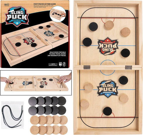 Fast Sling Puck Board Game | 24" Small Wooden Table Top Hockey Game for Adults & Kids, Ideal for Parties