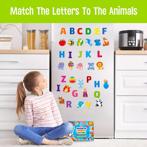 Large Magnetic Letters and Animals, Educational Learning Tool for Kids, 52 Pieces Magnets with Colorful Alphabet Letters