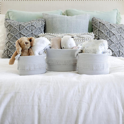 NaturalCozy 3-Piece Boho Cotton Rope Storage Basket Set for Organizing Baby Stuff, Gift Basket, Toy Basket, Nursery