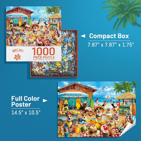 1000 BenBen Puzzles for Adults Pieces, Dogs on Vacation, Funny Dog Jigsaw Puzzles with Patterns on Back, Challenging