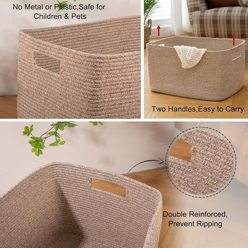 OIAHOMY Cotton Rope Basket, Rectangle Woven Toy Storage Basket with Handle, 18”x14”x12”, Organizing, Brown Variegated