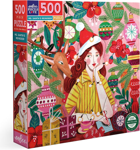 eeBoo Piece & Love: Ms. Santa's Reindeer 500 Piece Puzzle, Adult Square Jigsaw, Christmas Holiday Themed