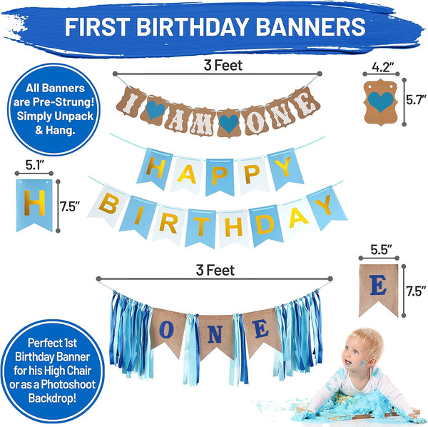 1st Package PartyHooman Boy Birthday Decors: With Photo Banner, Backdrop, Crown, High Chair Banner & Supplies
