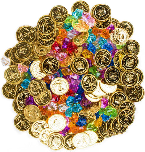 Super Z Outlet Pirate Plastic Gold Coins & Gems, 120 Coins + 120 Gems, Party Favor Decorations