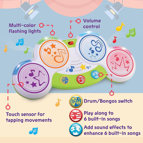 Magic Touch Drum, Toddler Light Up Music Bongos Toy, Infant Touch Sensor Musical Instrument Baby Drum, Birthday for 9 12 18 24 Month, 1 2 3 Year Old Boys Girls