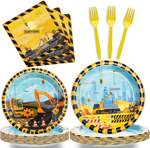 96 Pcs Construction Birthday Party Plates Napkins Forks Supplies Tableware Set Disposable
