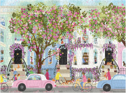 Galison Spring Terrace – 1000 Piece Joy Laforme Puzzle Featuring a Magnolia Neighborhood Day in Spring