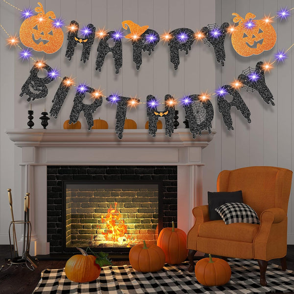 Halloween Happy Birthday Banner with Pumpkin Decorations, 8 Modes LED String Lights for 1st Kids Birthday Supplies