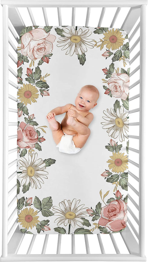 Sweet Jojo Designs Vintage Floral Boho Girl Fitted Crib Sheet - Blush Pink, Yellow Green Shabby Chic Rose Flower