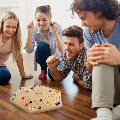 Hey! Play! Classic Wooden Strategic Thinking Game - Complete Set with Board, 24 Colored Marbles, 2 Dice for 6 Players