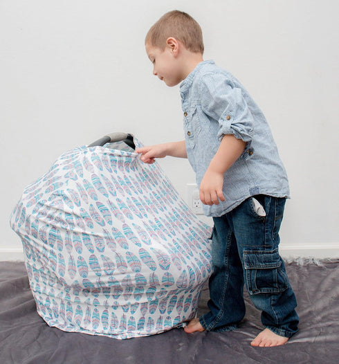 Baby Car Seat & Nursing Cover with Drawstring Carry Bag in Cute Feather Design, 4 in 1 Multi-Use Canopy