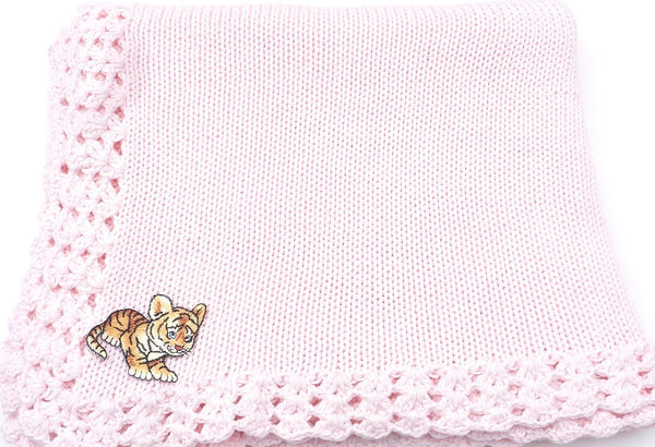 Sanjit Knitted Hand Crochet Finished Pink Cotton Blanket Trimmed Tiger Cub Applique